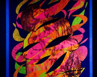Shown under a blacklight, overprint "Light my Fire" copyright 1961 by San Francisco Poster Publishing Company, screen-printed blacklight posters