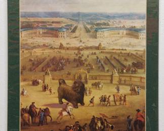Robert Amft print of Jean-Baptiste Martin's "The Stables Viewed from the Château at Versailles" with a larger-than-life dog, signed RA '79 at bottom left, c.1979