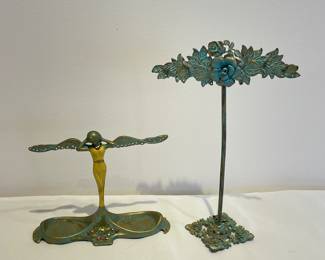 2 brass jewelry stands, an angel with outstretched wings and blue patina floral stand