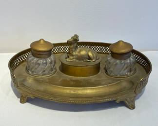 Gilt bronze inkwell deskset with an animal figurine