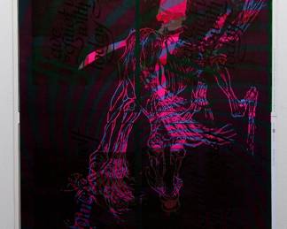 Overprint of "Turn on Your Mind, Relax and Float Downstream" copyright 1967 East Totem West and "Night Mare" copyright 1969 by Celestial Arts CA24 and "Have a quiet visit with yourself today" copyright 1971 by Celestial Arts CA424, part of "The Overprints" made in the late 1960s/early 1970s by Joe McHugh, Nick Nickolds, and Sätty, screen-printed blacklight posters