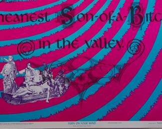 Detail of overprint of "Turn on your Mind, Relax and Float Downstream" copyright 1967 by East Totem West and "Yea, though I walk through the valley of the shadow of death I shall fear no evil: for I am the meanest Son-of-a-Bitch in the valley" copyright 1970 by Celestial Arts, CA605, screen-printed blacklight poster, part of "The Overprints" made in the late 1960's/early 1970s by Joe McHugh, Nick Nickolds, and Sätty
