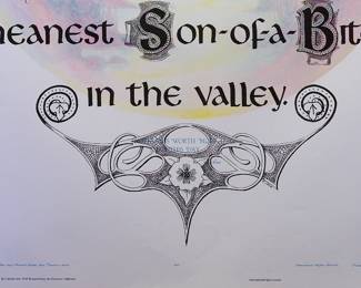 Detail of overprint of "Nothing is worth more than this day" copyright 1970 by Celestial Arts, CA77 and "Yea, though I walk through the valley of the shadow of death I shall fear no evil: for I am the meanest Son-of-a-Bitch in the valley" copyright 1970 by Celestial Arts CA 605," copyright 1970 by Celestial Arts CA605, part of "The Overprints" made in the late 1960s/early 1970s by Joe McHugh, Nick Nickolds, and Sätty, screen-printed blacklight posters