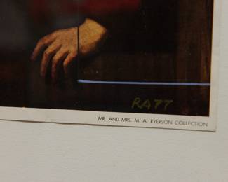 Bottom right detail of Robert Amft print, a satire of Rembrandt's "Young Woman at an Open Half-Door" with a 1st Prize stamp and Windows 2 loading logo painted into it, from the Art Institute of Chicago, signed RA '77 at bottom right