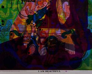 Detail of Overprint of upside down "...Splendid Thing" copyright 1969 by Celestial Arts and "I am Beautiful" copyright 1971 by Celestial Arts, CA98, part of "The Overprints" made in the late 1960's/early 1970s by Joe McHugh, Nick Nickolds, and Sätty, screen-printed blacklight posters