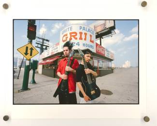 1990s Peter Amft c-print photograph 2 guitarist in front of White Palace Grill at Canal and Roosevelt
