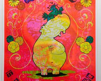 Overprint of "...Splendid Thing" copyright 1969 by Celestial Arts, CA46 and "Chesire Cat" East Totem West, part of "The Overprints" made in the late 1960s/early 1970s by Joe McHugh, Nick Nickolds, and Sätty, screen-printed blacklight posters