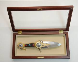 Another view of Franklin Mint "Talisman' ceremonial dagger in its open display case