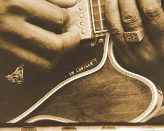 Guitar detail, Signed Peter Amft black + white silver gelatin photograph, BB King '69, "I am Lucille" guitar, Peter Amft Photography Chicago, Numbered edition 6/100