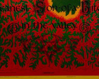 Detail of overprint of "Cheshire Cat" East Totem West and "Yea, though I walk through the valley of the shadow of death I shall fear no evil: for I am the meanest Son-of-a-Bitch in the valley" copyright 1970 by Celestial Arts, CA 605," copyright 1970 by Celestial Arts CA605, part of "The Overprints" made in the late 1960s/early 1970s by Joe McHugh, Nick Nickolds, and Sätty, screen-printed blacklight posters