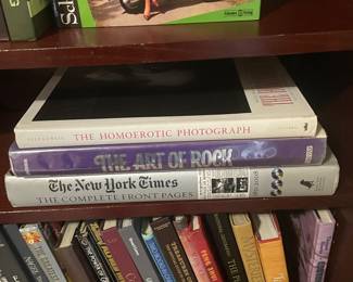Book collection including: "The Homoerotic Photograph", The Art of Rock", and "The New York Times: The Complete Front Pages"