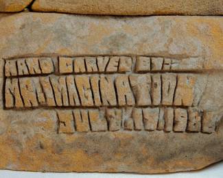 Artist detail of "Mama Desta's Red Sea Restaurant" sandstone carving by "Mr Imagination" Gregory Warmack, restaurant opened by Desta Bairu in 1984 at 3216 N. Clark St, Chicago, IL, SOLD AS IS