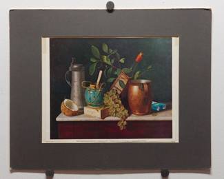 Robert Amft lithograph print of William Michael Harnett's "Just Dessert" featuring a pack of cigarettes, signed RA '76 at bottom right, from the The Art Institute of Chicago