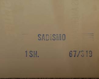 Back of Sadismo, vintage B-Movie stamped and numbered poster 67/319