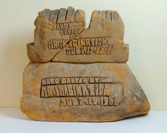 Back of "Mama Desta's Red Sea Restaurant" sandstone carving by "Mr Imagination" Gregory Warmack, restaurant opened by Desta Bairu in 1984 at 3216 N. Clark St, Chicago, IL, SOLD AS IS