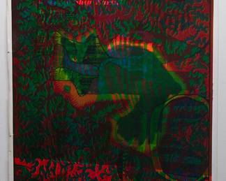 A different overprint of "Cheshire Cat" East Totem West and "The Eternal Now" copyright 1968 by Celestial Arts No. 3, part of "The Overprints" made in the late 1960s/early 1970s by Joe McHugh, Nick Nickolds, and Sätty, screen-printed blacklight posters