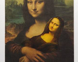 Robert Amft print of Leonardo Da Vinci's "Mona Lisa" holding the "Mona Lisa" in her arms, signed Amft '73 on her left hand