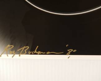 Title detail of Roy Buchanan 1980, Signed Peter Amft black + white silver gelatin photograph, Peter Amft Photography Chicago, printed in 1996