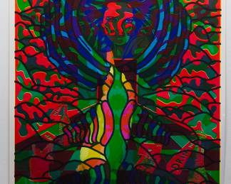 Overprint of "White Rabbit" by East Totem West and "Love Flower" copyright 1969 by Celestial Arts, CA 38, screen-printed blacklight poster, part of "The Overprints" made in the late 1960's/early 1970s by Joe McHugh, Nick Nickolds, and Sätty