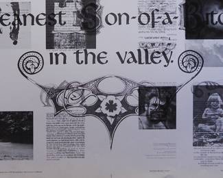 Detail of overprint of black and white "Yea, though I walk through the valley of the shadow of death I shall fear no evil: for I am the meanest Son-of-a-Bitch in the valley" copyright 1970 by Celestial Arts, CA605, screen-printed blacklight poster, part of "The Overprints" made in the late 1960's/early 1970s by Joe McHugh, Nick Nickolds, and Sätty