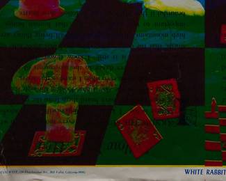 Detail of "White Rabbit" screen-printed blacklight poster by East Totem West, part of "The Overprints" made in the late 1960s/early 1970s by Joe McHugh, Nick Nickolds, and Sätty, screen-printed blacklight posters