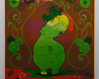 Overprint of "...Splendid Thing" copyright 1969 by Celestial Arts, CA46, screen-printed blacklight poster, reading "We are all passengers on this spaceship Earth. Love is a many splendid thing."