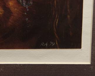 Signature detail of Robert Amft print of Dürer's "Self Portrait" smoking a cigar