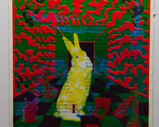 "White Rabbit" by East Totem West, part of "The Overprints" made in the late 1960s/early 1970s by Joe McHugh, Nick Nickolds, and Sätty, screen-printed blacklight posters