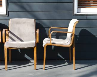 Side view of one the four Knoll bentwood chairs, with original Knoll International sticker, July 21, 1978