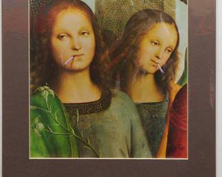 Robert Amft print of detail of Da Vinci's"Sistine Chapel" ceiling, two angels smoking cigarettes