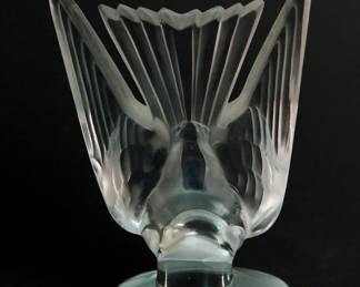 Back view of signed Lalique Hirondelles Swallow paperweight/bookend, made in France