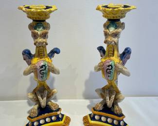 Pair of Italian Faience Griffin candle holders, stamped 127 Italy on the bottom