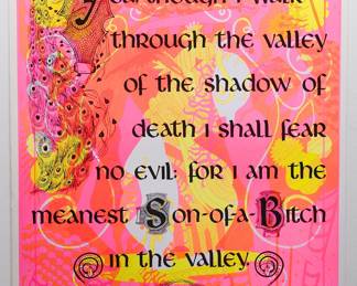 A colorful version of overprint "Yea, though I walk through the valley of the shadow of death I shall fear no evil: for I am the meanest Son-of-a-Bitch in the valley" copyright 1970 by Celestial Arts, CA605, screen-printed blacklight poster, part of "The Overprints" made in the late 1960's/early 1970s by Joe McHugh, Nick Nickolds, and Sätty
