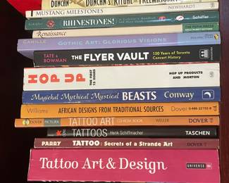 Book collection including: "Vampire", "Gothic", "Straight from the Heart", "Return of the Tribal", "Early American Advertising", "Duncan's Ritual of Freemasonry", "Mustang Milestones", "Rhinestones: A Collector's Handbook", "Renaissance", "Gothic Art: Glorious Visions", "The Flyer Vault", "Hop Up", "Magickal Mythical Mystical Beasts", "African Designs from Traditional Sources", "Tattoo Art: CD ROM Book", "Tattoos", "Tattoo: Secrets of a Strange Art", "Tattoo Art & Design", "Tattoo Johnny", "The Groovy Side of the '60s", "Secrets of Voodoo"