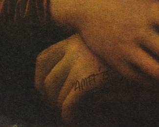 Signature detail of Robert Amft print of Leonardo Da Vinci's "Mona Lisa" holding the "Mona Lisa" in her arms, signed Amft '73 on her left