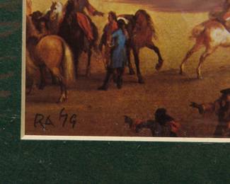 Lower left detail of Robert Amft print of Jean-Baptiste Martin's "The Stables Viewed from the Château at Versailles" with a larger-than-life dog, signed RA '79 at bottom left, c.1979