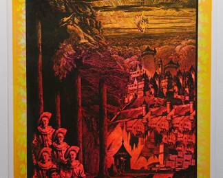 Overprint of "Cheshire Cat" East Totem West and "Nightbreak" copyright 1970 by Celestial Arts CA60, part of "The Overprints" made in the late 1960s/early 1970s by Joe McHugh, Nick Nickolds, and Sätty, screen-printed blacklight posters