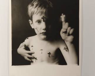 Untitled portrait of a boy with crosses, signed Peter Amft black + white silver gelatin photograph, Peter Amft Photography Chicago, Numbered edition 1/100