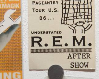 Mammoth Hug Colossal Pageantry Tour US '86, Understated R.E.M. After Show pass, detail of collection of 1980s/1990s backstage concert passes