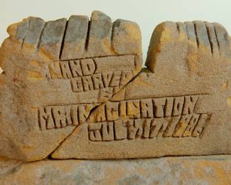 Detail of the back of "Mama Desta's Red Sea Restaurant" sandstone carving by "Mr Imagination" Gregory Warmack, restaurant opened by Desta Bairu in 1984 at 3216 N. Clark St, Chicago, IL, SOLD AS IS