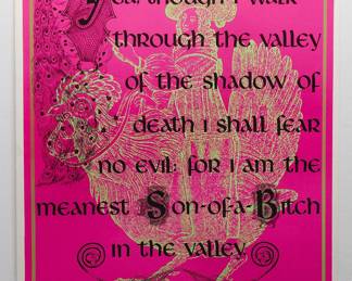 Overprint of "Top This" copyright 1969 Celestial Arts CA37 and "Yea, though I walk through the valley of the shadow of death I shall fear no evil: for I am the meanest Son-of-a-Bitch in the valley" copyright 1970 by Celestial Arts CA605, screen-printed blacklight poster, part of "The Overprints" made in the late 1960's/early 1970s by Joe McHugh, Nick Nickolds, and Sätty