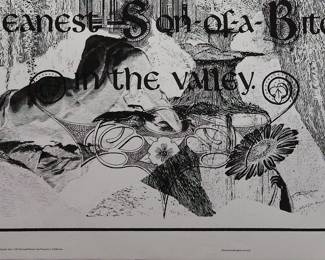 Detail of a different overprint of black and white "Yea, though I walk through the valley of the shadow of death I shall fear no evil: for I am the meanest Son-of-a-Bitch in the valley" copyright 1970 by Celestial Arts, CA605, screen-printed blacklight poster, part of "The Overprints" made in the late 1960's/early 1970s by Joe McHugh, Nick Nickolds, and Sätty
