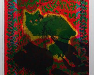Overprint of "Cheshire Cat" copyright 1970 East Totem West and "Mother Earth" copyright 1969 Celestial Arts CA23, part of "The Overprints" made in the late 1960s/early 1970s by Joe McHugh, Nick Nickolds, and Sätty, screen-printed blacklight posters