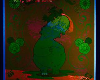 Shown under a blacklight, another overprint of "...Splendid Thing" copyright 1969 by Celestial Arts, 1945 Howard Street, San Francisco, 94103, CA46, screen-printed blacklight poster, reading "We are all passengers on this spaceship Earth. Love is a many splendid thing."