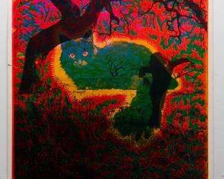 "Cheshire Cat" East Totem West and "There is no wealth but life" by Ruskin, copyright 1970 by Celestial Arts" copyright 1970 by Celestial Arts CA80, part of "The Overprints" made in the late 1960s/early 1970s by Joe McHugh, Nick Nickolds, and Sätty, screen-printed blacklight posters