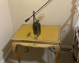 Ornate gilt square coffee table and vintage black ballast arc light cantilever desk lamp