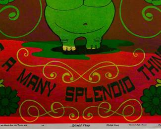 Detail of yet another overprint of "...Splendid Thing" copyright 1969 by Celestial Arts, CA46, screen-printed blacklight poster, reading "We are all passengers on this spaceship Earth. Love is a many splendid thing."