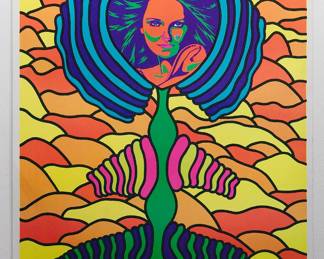 Overprint of "Love Flower" copyright 1969 by Celestial Arts, CA38, screen-printed blacklight poster, part of "The Overprints" made in the late 1960's/early 1970s by Joe McHugh, Nick Nickolds, and Sätty