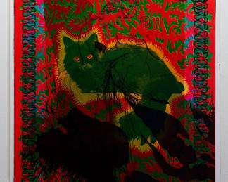 Overprint of "Cheshire Cat" East Totem West and "Mother Earth" copyright 1969 by Celestial Arts CA23, part of "The Overprints" made in the late 1960s/early 1970s by Joe McHugh, Nick Nickolds, and Sätty, screen-printed blacklight posters