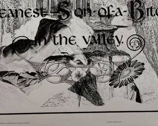 Detail of another overprint of black and white "Yea, though I walk through the valley of the shadow of death I shall fear no evil: for I am the meanest son-of-a-bitch in the valley" copyright 1970 by Celestial Arts, CA 605, screen-printed blacklight poster, part of "The Overprints" made in the late 1960's/early 1970s by Joe McHugh, Nick Nickolds, and Sätty